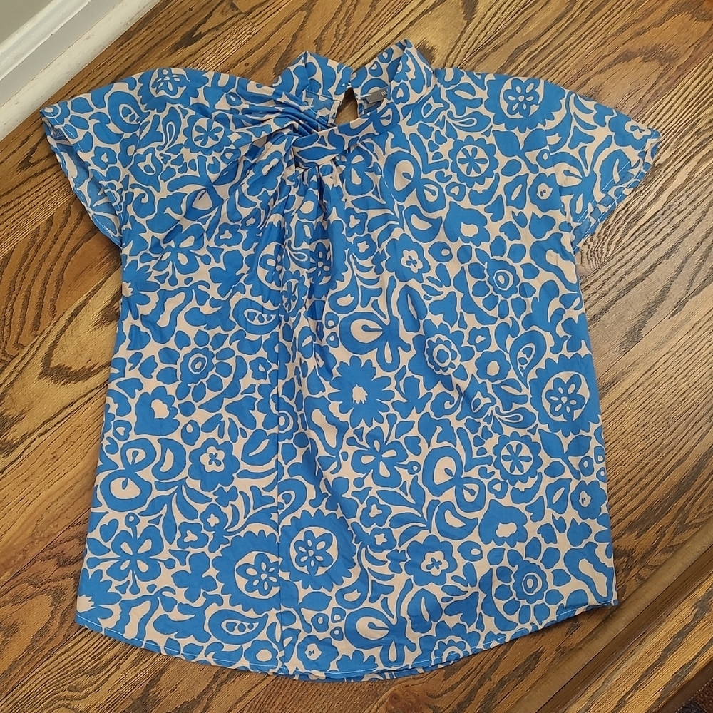 Anthropologie Blue Tassel Floral Blue Top Size XS